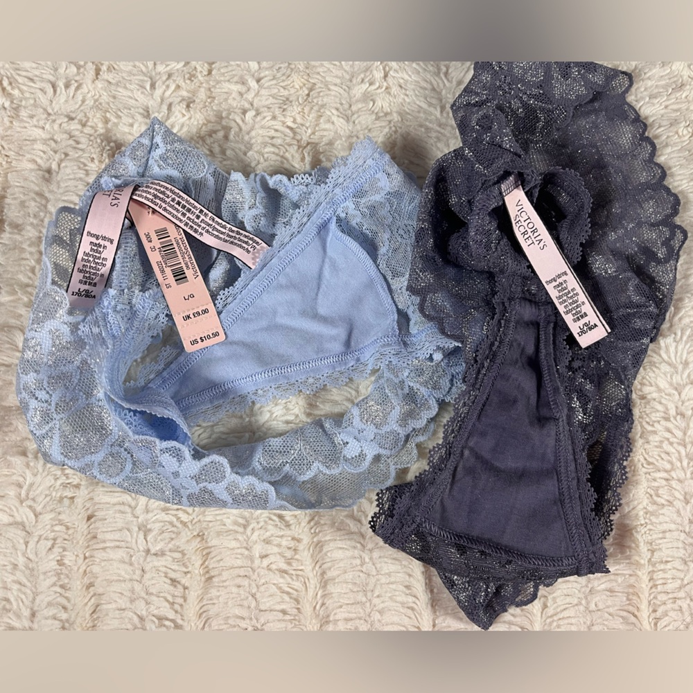 Victoria’s Secret Set of 4 Thong Panties Shades of Blue Size Large NEW - Picture 4 of 8